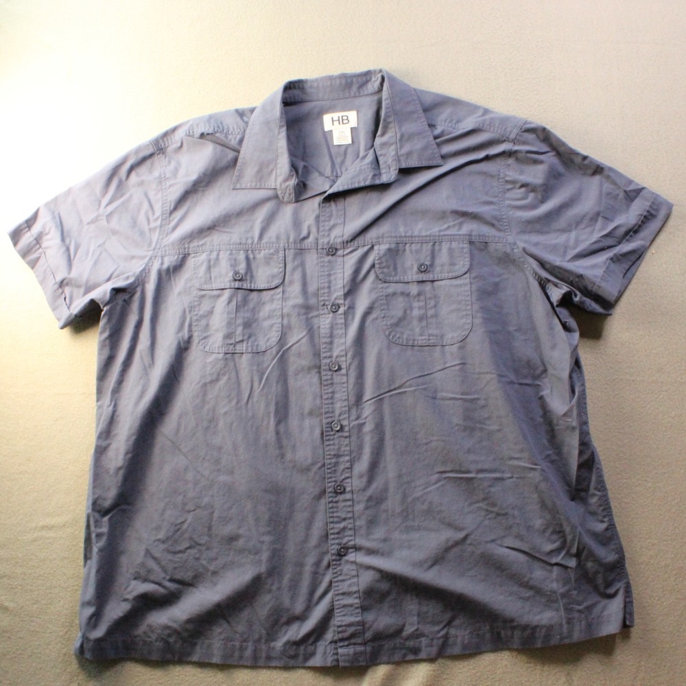 HB Button‎ Up Shirt Mens 2XL Blue Short Sleeve Utility Workwear Casual Overshirt